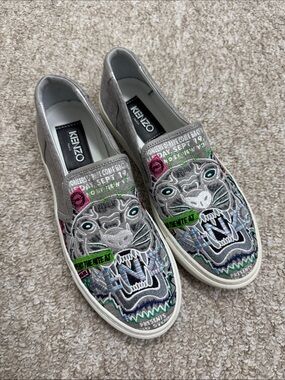 Kenzo limited edition Metallic Silver Tiger Embroidered Slip-On Sneakers